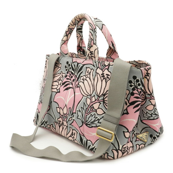 Prada Pattern Gray Bag Pink Floral Tote Canvas - Picture 1 of 7